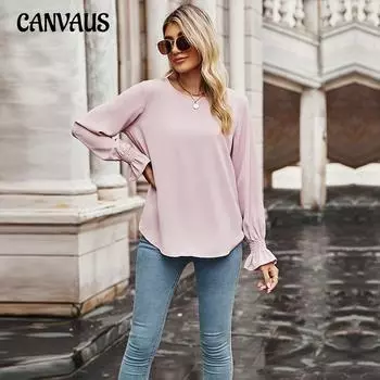 Весенне-осенняя женская блузка-рубашка, однотонные топы с длинными рукавами, свободный пуловер с круглым вырезом, свободная шифоновая рубашка