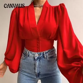 Весенне-осенняя женская блузка-рубашка с V-образным вырезом и рукавами-фонариками на пуговицах S красный