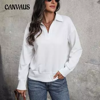Весенне-осенняя женская блузка с длинным рукавом, повседневная толстовка с лацканами и v-образным вырезом, топ с длинными рукавами S белый