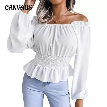 Весенне-осенняя женская блузка с длинным рукавом, сексуальная шифоновая блузка без бретелек с одним вырезом и оборками, топы S красный