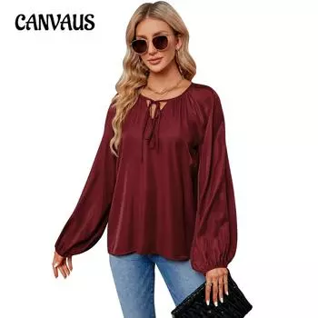 Весенне-осенняя женская блузка с длинными рукавами и фонариками, топы с завязками и v-образным вырезом большого размера S бордовый