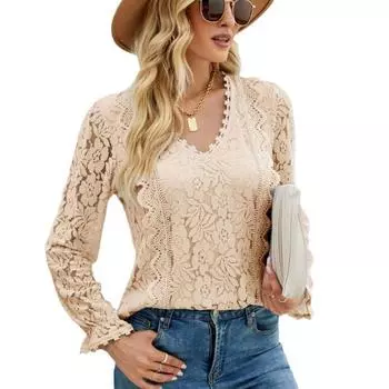 Весенне-осенняя женская блузка с длинными рукавами, однотонная, с ажурным кружевом, сексуальный трикотажный топ S чёрный