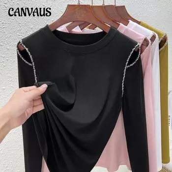 Весенне-осенняя женская блузка с круглым вырезом, дизайн Чувство моды, темперамент, расшитый бисером, полые топы с длинными рукавами M чёрный