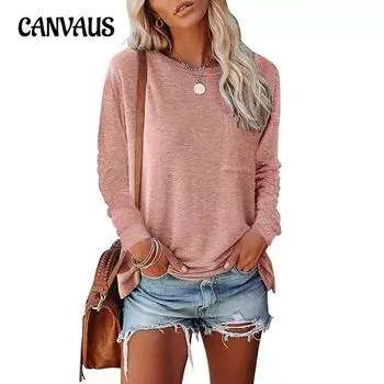 Весенне-осенняя женская блузка с круглым вырезом и карманами, повседневный свободный топ с длинными рукавами