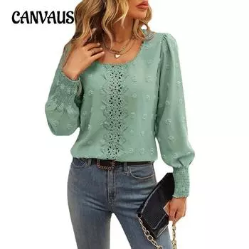 Весенне-осенняя женская блузка с круглым вырезом и объемными рукавами, кружевная рубашка в большой горошек, темпераментная рубашка, топ с длинными рукавами