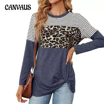 Весенне-осенняя женская блузка с круглым вырезом в стиле пэчворк, свободные топы с длинными рукавами в леопардовую полоску S чёрный