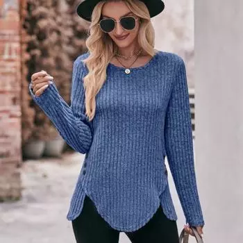 Весенне-осенняя женская блузка с круглым вырезом и полосками, с потертостями, однотонная, с длинными рукавами S синий