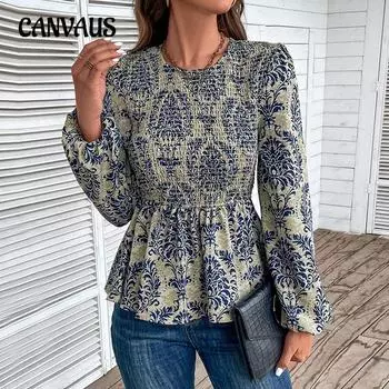 Весенне-осенняя женская блузка с круглым вырезом, тонкий темпераментный топ с принтом, элегантный топ с длинными рукавами S синий