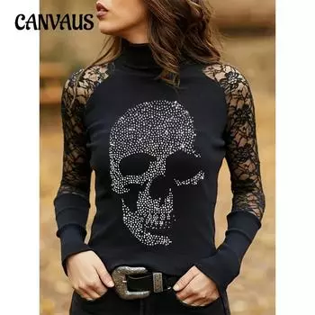 Весенне-осенняя женская блузка с кружевным топом с высоким воротом и длинными рукавами, черный цвет S чёрный