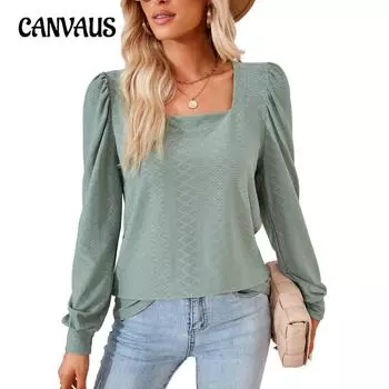 Весенне-осенняя женская блузка с квадратным вырезом, однотонный плиссированный свободный топ с длинными рукавами S чёрный