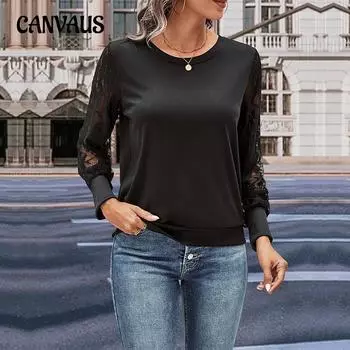 Весенне-осенняя женская блузка с лоскутными рукавами и кружевным черным топом с длинными рукавами S чёрный