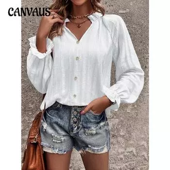 Весенне-осенняя женская блузка с полуоткрытым вырезом и рюшами на рукавах, шифоновая полоска, темпераментный элегантный топ с длинными рукавами S белый