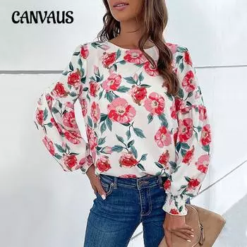 Весенне-осенняя женская блузка с принтом и круглым вырезом, пуловер с рукавами-фонариками, рубашка, топ с длинными рукавами S белый