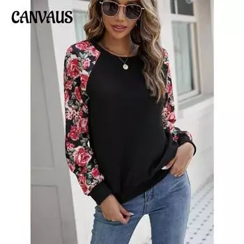 Весенне-осенняя женская блузка с принтом, модная универсальная повседневная толстовка с капюшоном и длинными рукавами S чёрный