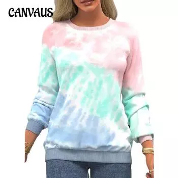 Весенне-осенняя женская блузка с принтом тай-дай, топ с круглым вырезом, повседневная свободная толстовка с длинными рукавами S