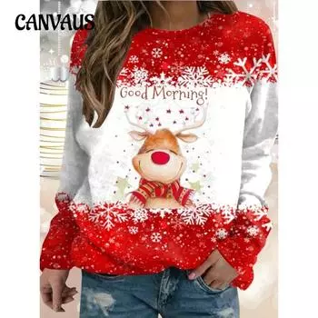 Весенне-осенняя женская блузка с рождественской тематикой и длинным рукавом с принтом и круглым вырезом, свободный топ Moose S шоколадный