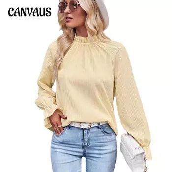 Весенне-осенняя женская блузка с рюшами и жаккардовым воротником, свободный темпераментный топ с длинными рукавами S светло-желтого