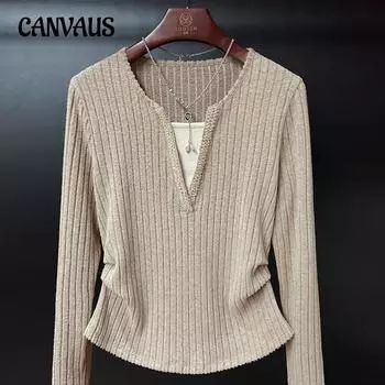 Весенне-осенняя женская блузка с тонким низом, рубашка с позитивным плечом, длинными рукавами, v-образным вырезом, дизайн, искусственный топ из двух предметов M