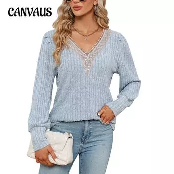 Весенне-осенняя женская блузка с v-образным вырезом, кружевные, свободные, в полоску, свободные топы с длинными рукавами S чёрный