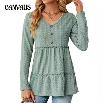 Весенне-осенняя женская блузка с v-образным вырезом, однотонная, на пуговицах, в стиле пэчворк, свободный топ с длинными рукавами S чёрный