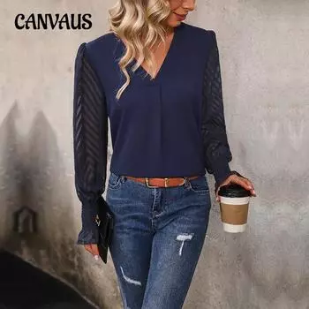 Весенне-осенняя женская блузка с v-образным вырезом Emperament, элегантные однотонные топы с длинными рукавами S