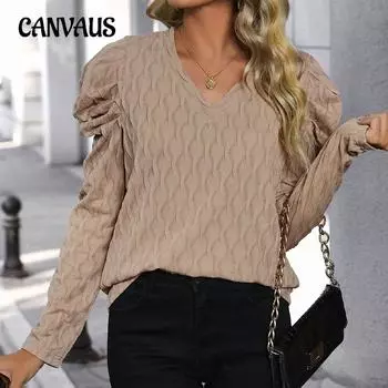 Весенне-осенняя женская блузка с v-образным вырезом и текстурированным однотонным повседневным темпераментным топом с длинными рукавами S хаки