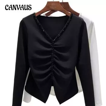 Весенне-осенняя женская блузка с v-образным вырезом, нижнее белье, рубашка, плиссированные топы с длинными рукавами M белый