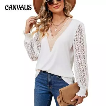 Весенне-осенняя женская блузка с v-образным вырезом и кружевным свободным топом с длинными рукавами S чёрный