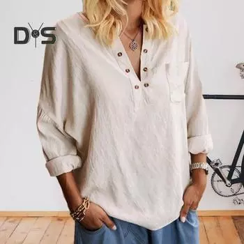 Весенне-осенняя женская блузка с v-образным вырезом и пуговицами, полупланка с длинным рукавом, свободный крой, однотонный пуловер, топы XL бежевый