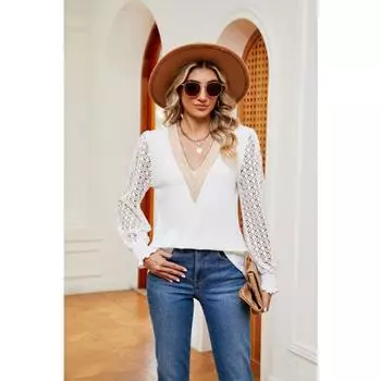 Весенне-осенняя женская блузка с v-образным вырезом и кружевным свободным топом с длинными рукавами S чёрный