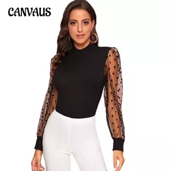 Весенне-осенняя женская блузка, сетчатый эластичный свободный прозрачный топ в горошек с длинными рукавами S чёрный