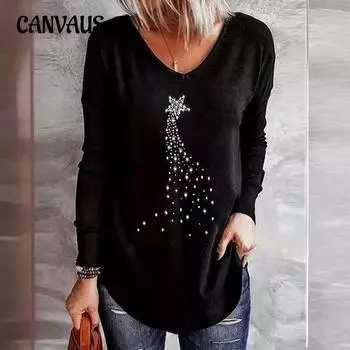 Весенне-осенняя женская блузка со звездным принтом, топ с длинными рукавами, повседневный пуловер с v-образным вырезом S чёрный