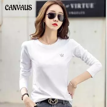 Весенне-осенняя женская блузка, свободная нижняя рубашка с круглым вырезом и вышивкой короны, с длинными рукавами S белый