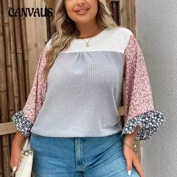 Весенне-осенняя женская блузка, свободный повседневный топ больших размеров с принтом и цветными блоками, вафельный вязаный топ с длинными рукавами 0XL серый