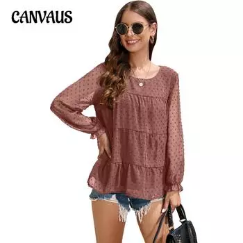 Весенне-осенняя женская блузка, свободный топ с длинными рукавами и оборками с круглым вырезом S серо голубой