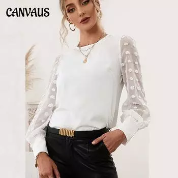 Весенне-осенняя женская блузка, топы, однотонная футболка с круглым вырезом, жаккардовая рубашка в горошек с длинным рукавом S белый