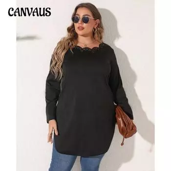 Весенне-осенняя женская блузка, топы средней длины, топы больших размеров с полым разрезом и длинными рукавами 0XL чёрный