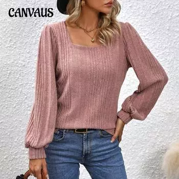 Весенне-осенняя женская блузка в полоску с щеткой и квадратным вырезом, модный топ с длинными рукавами и рукавами-фонариками S розовый