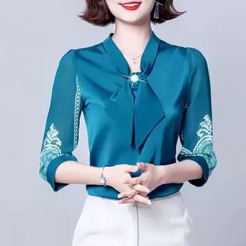 Весенне-осенняя женская большая рубашка с рукавом 3/4, шифоновая рубашка, свободная маленькая рубашка в западном стиле, модный универсальный топ с бантом 5XL белый