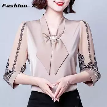 Весенне-осенняя женская большая рубашка с рукавом 3/4, шифоновая рубашка, свободная маленькая рубашка в западном стиле, модный универсальный топ с бантом XL белый