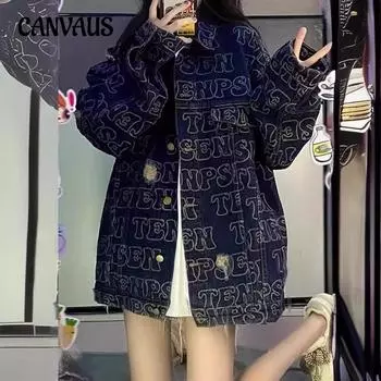 Весенне-осенняя женская джинсовая куртка Broken Holes Full Printed CoupleLapel Loose Country Trend Jacket S темно-синий