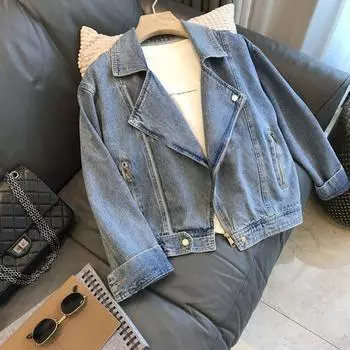 Весенне-осенняя женская джинсовая куртка, повседневная женская мотобайкерская куртка, винтажная куртка на молнии с лацканами, большие размеры XL синий