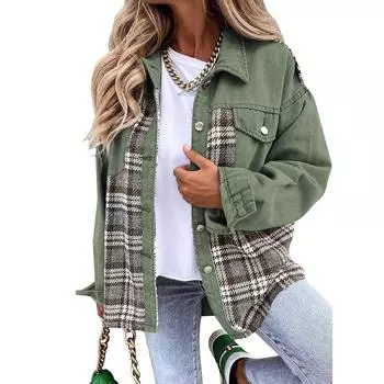 Весенне-осенняя женская джинсовая куртка, рубашка, куртка с длинными рукавами, клетчатая верхняя одежда на пуговицах 2XL белый