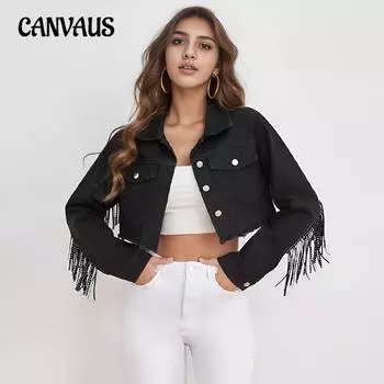 Весенне-осенняя женская джинсовая куртка с бахромой из бисера и необработанным краем. Короткая джинсовая куртка. XS чёрный
