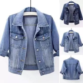 Весенне-осенняя женская джинсовая куртка с лацканами, рукавами 3/4 и карманами с клапанами, однобортное повседневное короткое пальто, женская верхняя одежда 5XL светло-синий