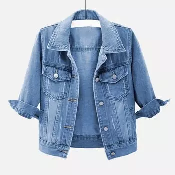 Весенне-осенняя женская джинсовая куртка с лацканами, рукавами 3/4 и карманами с клапанами, однобортное повседневное короткое пальто, женская верхняя одежда 5XL светло-синий