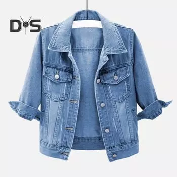 Весенне-осенняя женская джинсовая куртка с лацканами, рукавами 3/4 и карманами с клапанами, однобортное повседневное короткое пальто, женская верхняя одежда 5XL светло-синий
