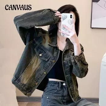 Весенне-осенняя женская джинсовая куртка, винтажная куртка-поло с воротником, короткие топы One Size коричневый