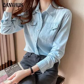 Весенне-осенняя женская джинсовая рубашка с воротником-поло и длинными рукавами, тонкие модные джинсовые топы S темно-синий