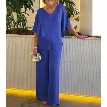 Весенне-осенняя женская футболка, однотонная повседневная брючная рубашка с v-образным вырезом и нерегулярным подолом S синий